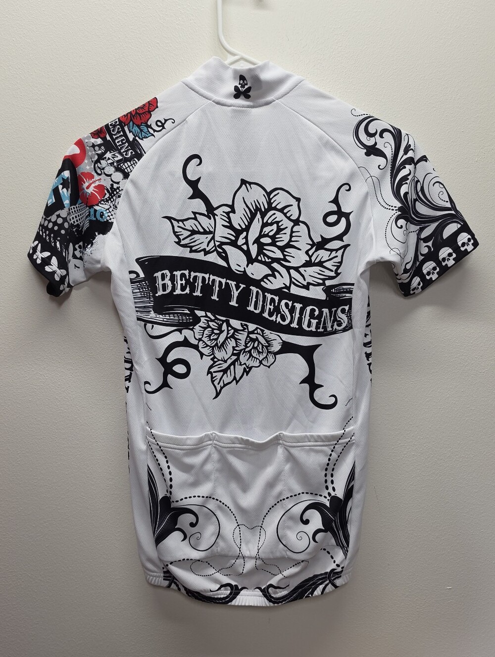 Betty Designs Cycling Jersey Women's M Skull Floral White Black Zip Up - Picture 5 of 8